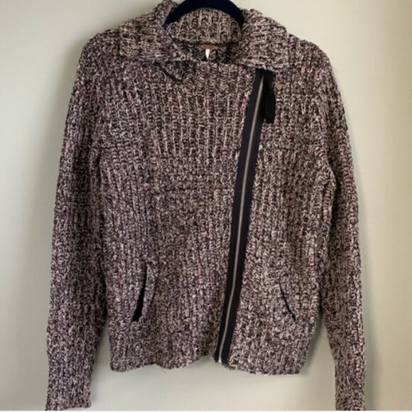 Free People Salt & Pepper Zip Moto Jacket Sweater Size L - Picture 3 of 7